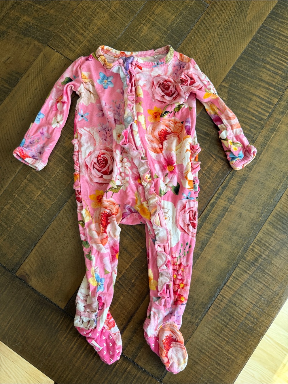 Posh Peanut Pink Floral Ruffle Baby One-Piece Footed Romper